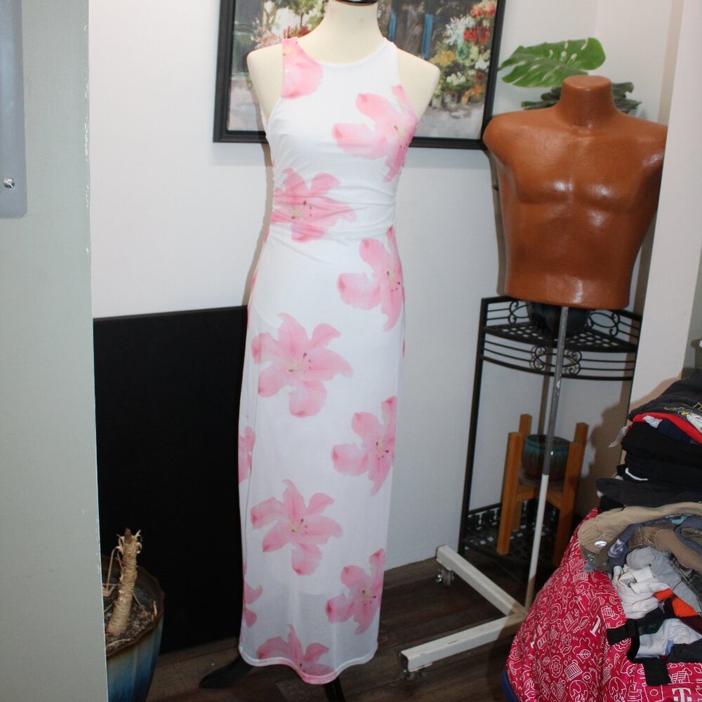 Shein Women's Sleeveless Small White & Pink Floral Maxi Dress